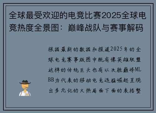 全球最受欢迎的电竞比赛2025全球电竞热度全景图：巅峰战队与赛事解码